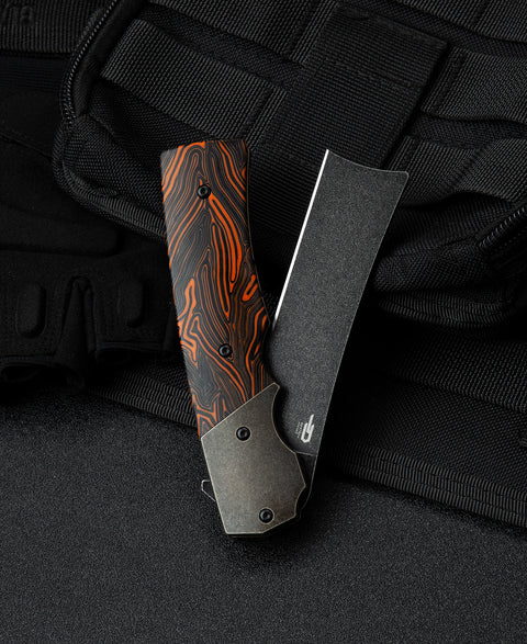 BESTECH SPANISH TIP RAZOR BT2101D Titanium+Black Orange G10 Handle: 3.79" M390 Blade