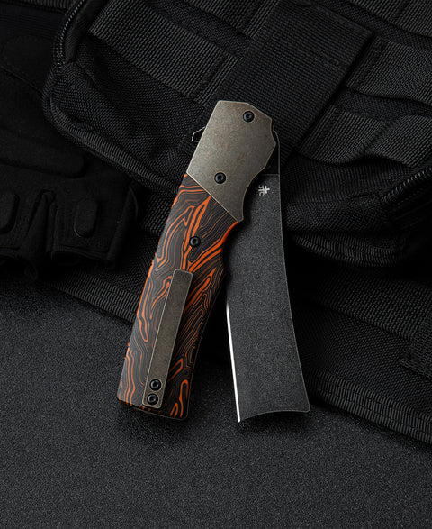 BESTECH SPANISH TIP RAZOR BT2101D Titanium+Black Orange G10 Handle: 3.79" M390 Blade