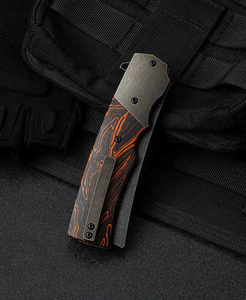 BESTECH SPANISH TIP RAZOR BT2101D Titanium+Black Orange G10 Handle: 3.79" M390 Blade