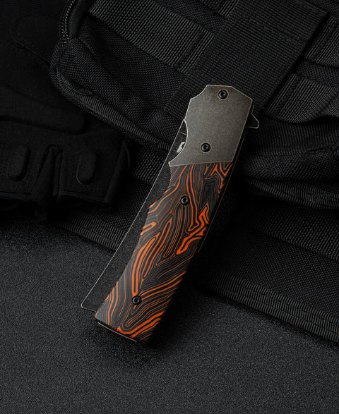 BESTECH SPANISH TIP RAZOR BT2101D Titanium+Black Orange G10 Handle: 3.79" M390 Blade