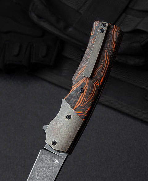 BESTECH SPANISH TIP RAZOR BT2101D Titanium+Black Orange G10 Handle: 3.79" M390 Blade