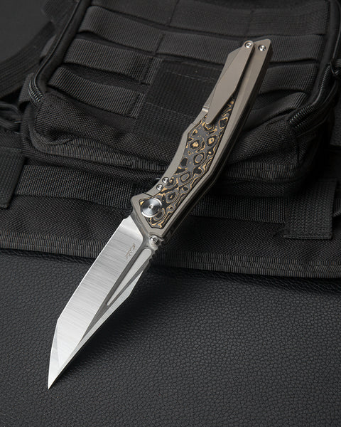 BESTECH TOGATTA BT2102G Titanium +Damascus Copper Carbon Fiber Inlay  Handle: 3.74" M390 Blade