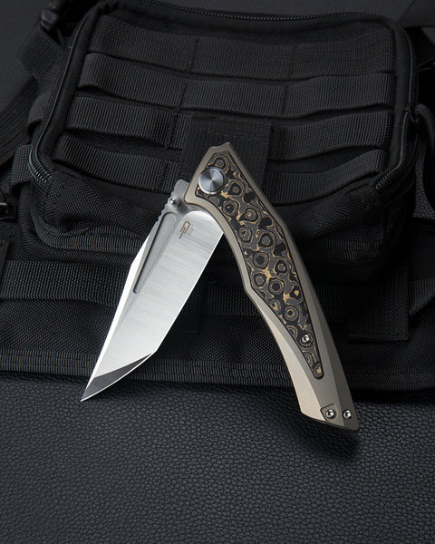 BESTECH TOGATTA BT2102G Titanium +Damascus Copper Carbon Fiber Inlay  Handle: 3.74" M390 Blade