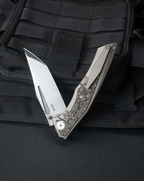 BESTECH TOGATTA BT2102G Titanium +Damascus Copper Carbon Fiber Inlay  Handle: 3.74" M390 Blade