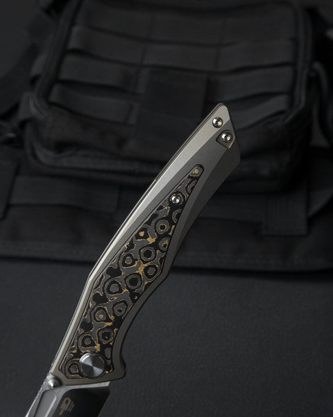 BESTECH TOGATTA BT2102G Titanium +Damascus Copper Carbon Fiber Inlay  Handle: 3.74" M390 Blade
