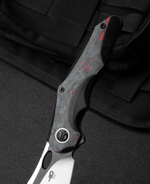 BESTECH NOGARD BT2105D Titanium+Black Red Marble Carbon Fiber Inlay Handle: 3.35" M390 Blade