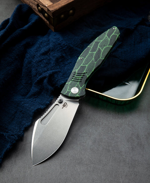 BESTECH LOCKNESS BT2205A Black Green G10+Titanium Handle: 3.91" M390 Blade