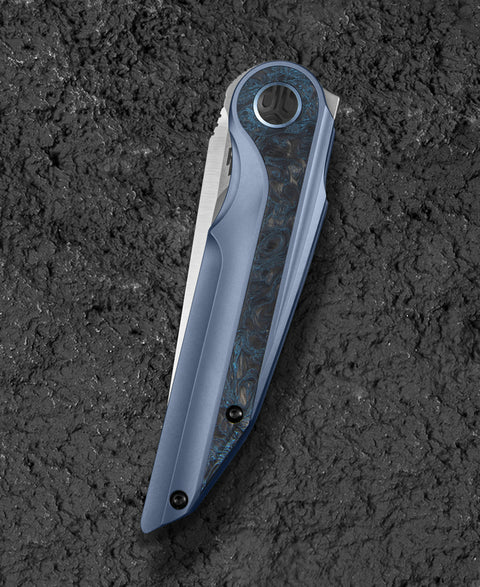 BESTECH BLIND FURY BT2303A Blue Titanium Silver Carbon Fiber  Inlay Handle: 3.62" Stonewash+Satin M390 Blade