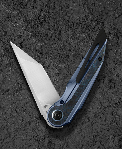 BESTECH BLIND FURY BT2303A Blue Titanium Silver Carbon Fiber  Inlay Handle: 3.62" Stonewash+Satin M390 Blade