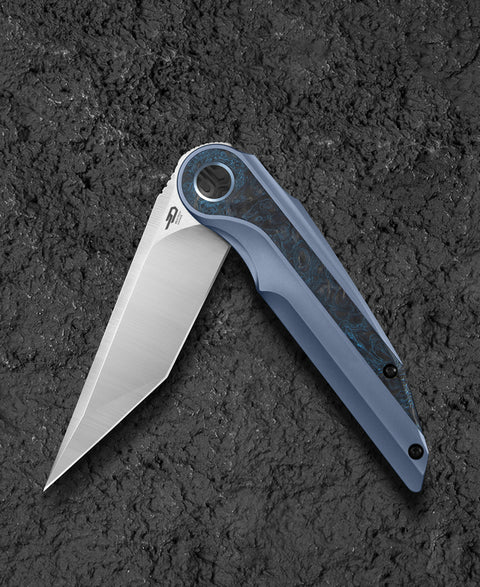 BESTECH BLIND FURY BT2303A Blue Titanium Silver Carbon Fiber  Inlay Handle: 3.62" Stonewash+Satin M390 Blade