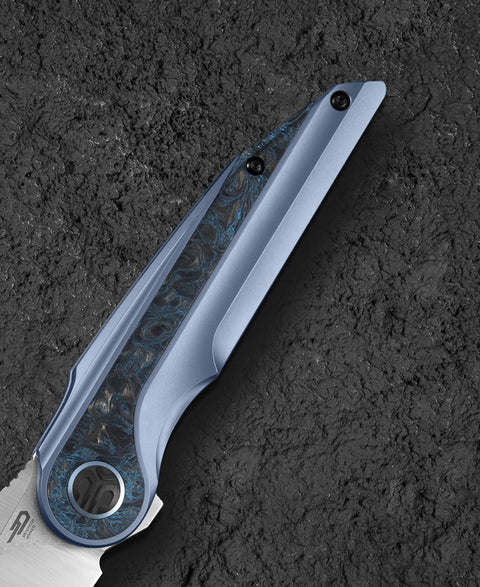 BESTECH BLIND FURY BT2303A Blue Titanium Silver Carbon Fiber  Inlay Handle: 3.62" Stonewash+Satin M390 Blade