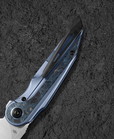 BESTECH BLIND FURY BT2303A Blue Titanium Silver Carbon Fiber  Inlay Handle: 3.62" Stonewash+Satin M390 Blade