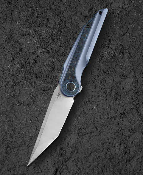 BESTECH BLIND FURY BT2303A Blue Titanium Silver Carbon Fiber  Inlay Handle: 3.62" Stonewash+Satin M390 Blade