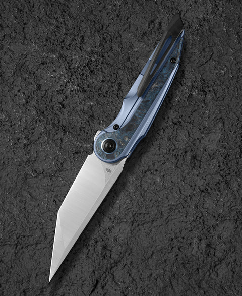 BESTECH BLIND FURY BT2303A Blue Titanium Silver Carbon Fiber  Inlay Handle: 3.62" Stonewash+Satin M390 Blade