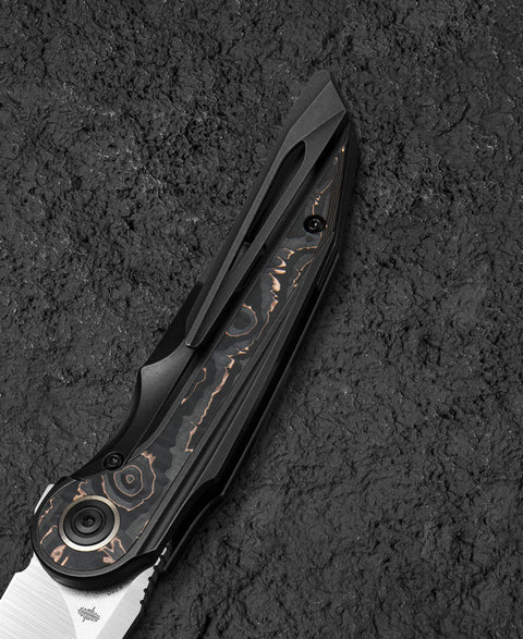 BESTECH BLIND FURY BT2303B Black Bronze Titanium Copper Carbon Fiber Inlay Handle: 3.62" Stonewash+Satin M390 Blade