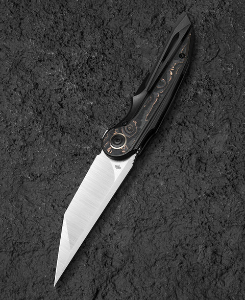 BESTECH BLIND FURY BT2303B Black Bronze Titanium Copper Carbon Fiber Inlay Handle: 3.62" Stonewash+Satin M390 Blade