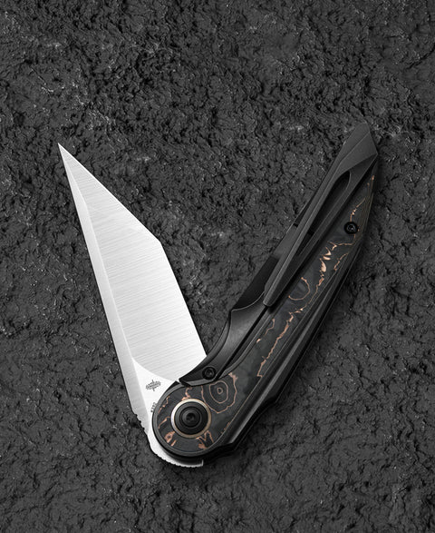 BESTECH BLIND FURY BT2303B Black Bronze Titanium Copper Carbon Fiber Inlay Handle: 3.62" Stonewash+Satin M390 Blade