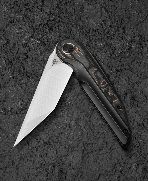 BESTECH BLIND FURY BT2303B Black Bronze Titanium Copper Carbon Fiber Inlay Handle: 3.62" Stonewash+Satin M390 Blade