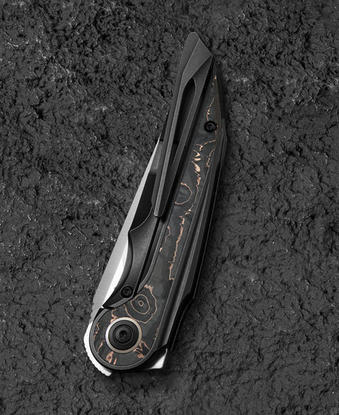 BESTECH BLIND FURY BT2303B Black Bronze Titanium Copper Carbon Fiber Inlay Handle: 3.62" Stonewash+Satin M390 Blade