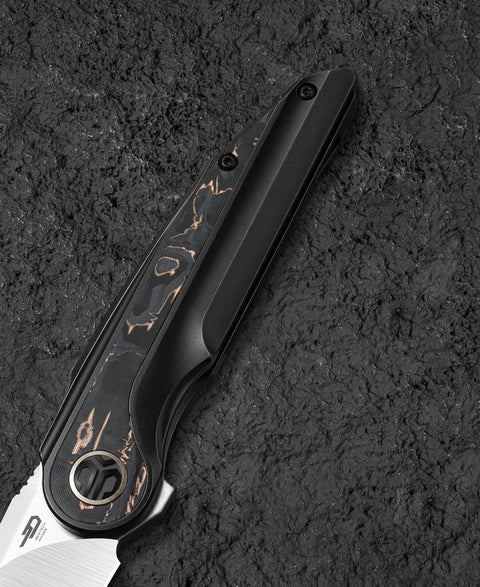 BESTECH BLIND FURY BT2303B Black Bronze Titanium Copper Carbon Fiber Inlay Handle: 3.62" Stonewash+Satin M390 Blade