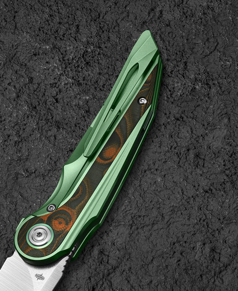 BESTECH BLIND FURY BT2303C Green Titanium Orange Carbon Fiber Inlay Handle: 3.62" Stonewash+Satin M390 Blade