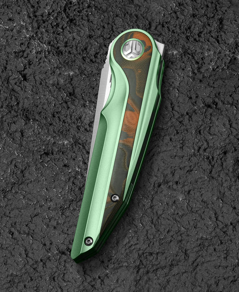 BESTECH BLIND FURY BT2303C Green Titanium Orange Carbon Fiber Inlay Handle: 3.62" Stonewash+Satin M390 Blade