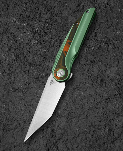 BESTECH BLIND FURY BT2303C Green Titanium Orange Carbon Fiber Inlay Handle: 3.62" Stonewash+Satin M390 Blade