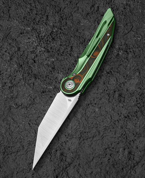 BESTECH BLIND FURY BT2303C Green Titanium Orange Carbon Fiber Inlay Handle: 3.62" Stonewash+Satin M390 Blade