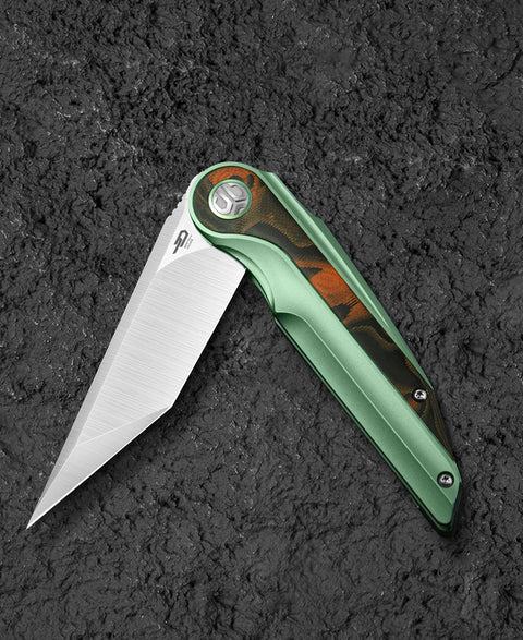 BESTECH BLIND FURY BT2303C Green Titanium Orange Carbon Fiber Inlay Handle: 3.62" Stonewash+Satin M390 Blade