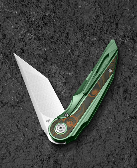 BESTECH BLIND FURY BT2303C Green Titanium Orange Carbon Fiber Inlay Handle: 3.62" Stonewash+Satin M390 Blade