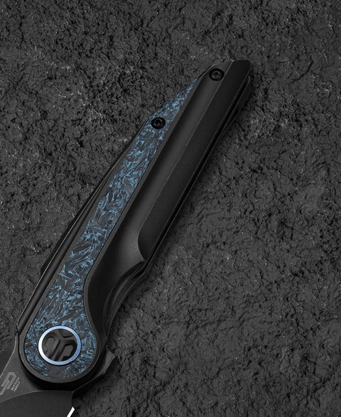 BESTECH BLIND FURY BT2303D Black Stonewash Titanium Sky Blue Marble Inlay Handle: 3.62" Black Stonewash M390 Blade