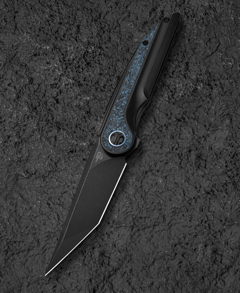 BESTECH BLIND FURY BT2303D Black Stonewash Titanium Sky Blue Marble Inlay Handle: 3.62" Black Stonewash M390 Blade