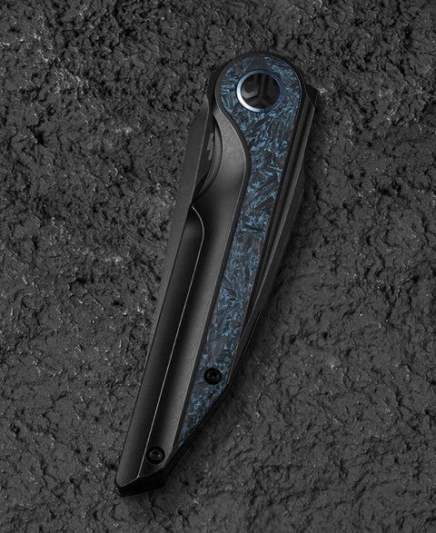 BESTECH BLIND FURY BT2303D Black Stonewash Titanium Sky Blue Marble Inlay Handle: 3.62" Black Stonewash M390 Blade