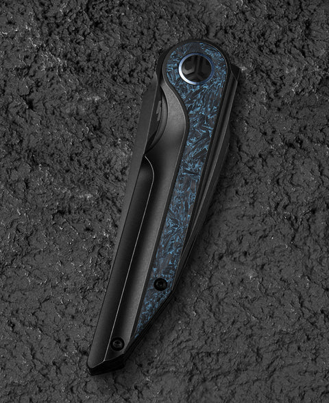 BESTECH BLIND FURY BT2303D Black Stonewash Titanium Sky Blue Marble Inlay Handle: 3.62" Black Stonewash M390 Blade