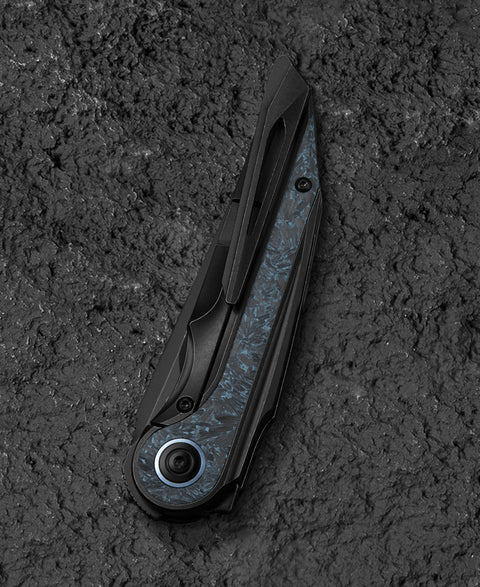 BESTECH BLIND FURY BT2303D Black Stonewash Titanium Sky Blue Marble Inlay Handle: 3.62" Black Stonewash M390 Blade