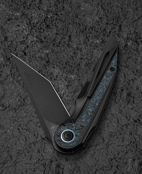 BESTECH BLIND FURY BT2303D Black Stonewash Titanium Sky Blue Marble Inlay Handle: 3.62" Black Stonewash M390 Blade