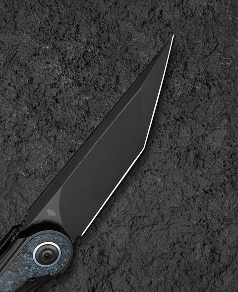 BESTECH BLIND FURY BT2303D Black Stonewash Titanium Sky Blue Marble Inlay Handle: 3.62" Black Stonewash M390 Blade