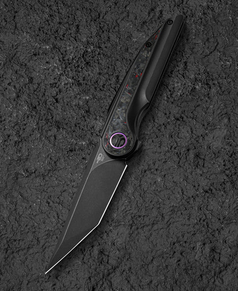 BESTECH BLIND FURY BT2303E Black Stonewash Titanium Red Marble Inlay Handle: 3.62" Black Stonewash M390 Blade