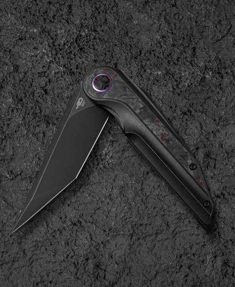 BESTECH BLIND FURY BT2303E Black Stonewash Titanium Red Marble Inlay Handle: 3.62" Black Stonewash M390 Blade