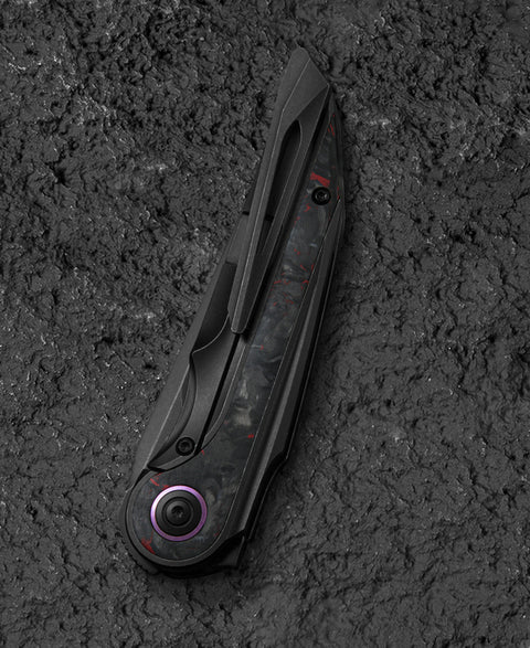 BESTECH BLIND FURY BT2303E Black Stonewash Titanium Red Marble Inlay Handle: 3.62" Black Stonewash M390 Blade