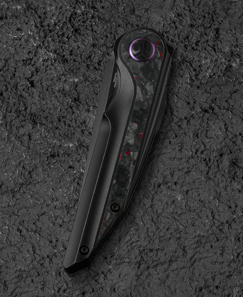 BESTECH BLIND FURY BT2303E Black Stonewash Titanium Red Marble Inlay Handle: 3.62" Black Stonewash M390 Blade