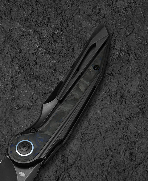 BESTECH BLIND FURY BT2303F Black Stonewash Titanium Blue Marble Inlay Handle: 3.62" Black Stonewash M390 Blade