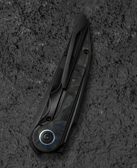 BESTECH BLIND FURY BT2303F Black Stonewash Titanium Blue Marble Inlay Handle: 3.62" Black Stonewash M390 Blade