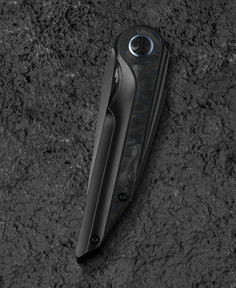 BESTECH BLIND FURY BT2303F Black Stonewash Titanium Blue Marble Inlay Handle: 3.62" Black Stonewash M390 Blade