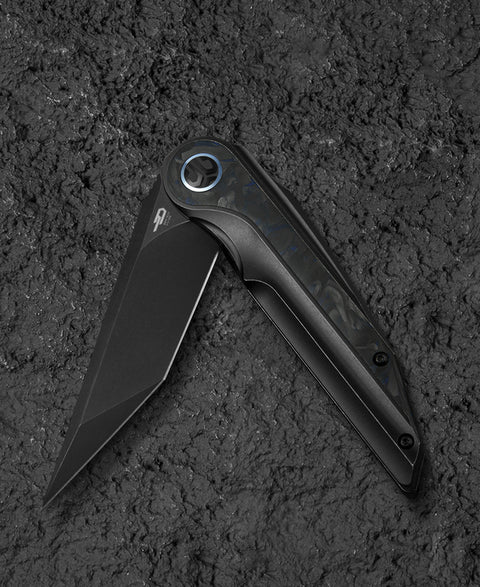 BESTECH BLIND FURY BT2303F Black Stonewash Titanium Blue Marble Inlay Handle: 3.62" Black Stonewash M390 Blade