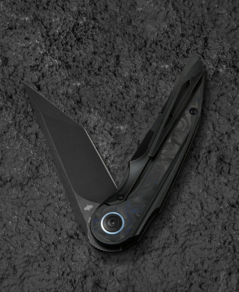 BESTECH BLIND FURY BT2303F Black Stonewash Titanium Blue Marble Inlay Handle: 3.62" Black Stonewash M390 Blade
