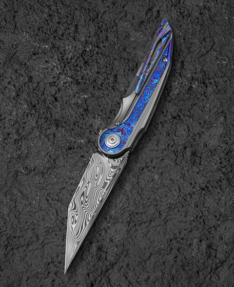 BESTECH BLIND FURY BT2303G Grey Titanium Timascus Inlay Handle: 3.62" Damasteel Blade