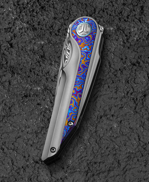 BESTECH BLIND FURY BT2303G Grey Titanium Timascus Inlay Handle: 3.62" Damasteel Blade