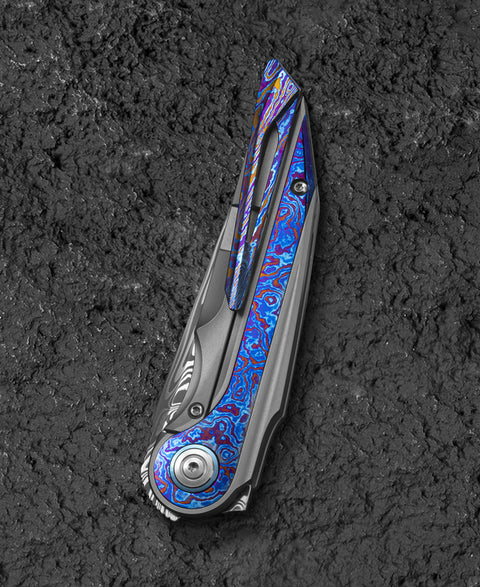 BESTECH BLIND FURY BT2303G Grey Titanium Timascus Inlay Handle: 3.62" Damasteel Blade