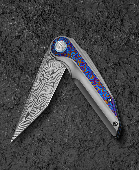 BESTECH BLIND FURY BT2303G Grey Titanium Timascus Inlay Handle: 3.62" Damasteel Blade